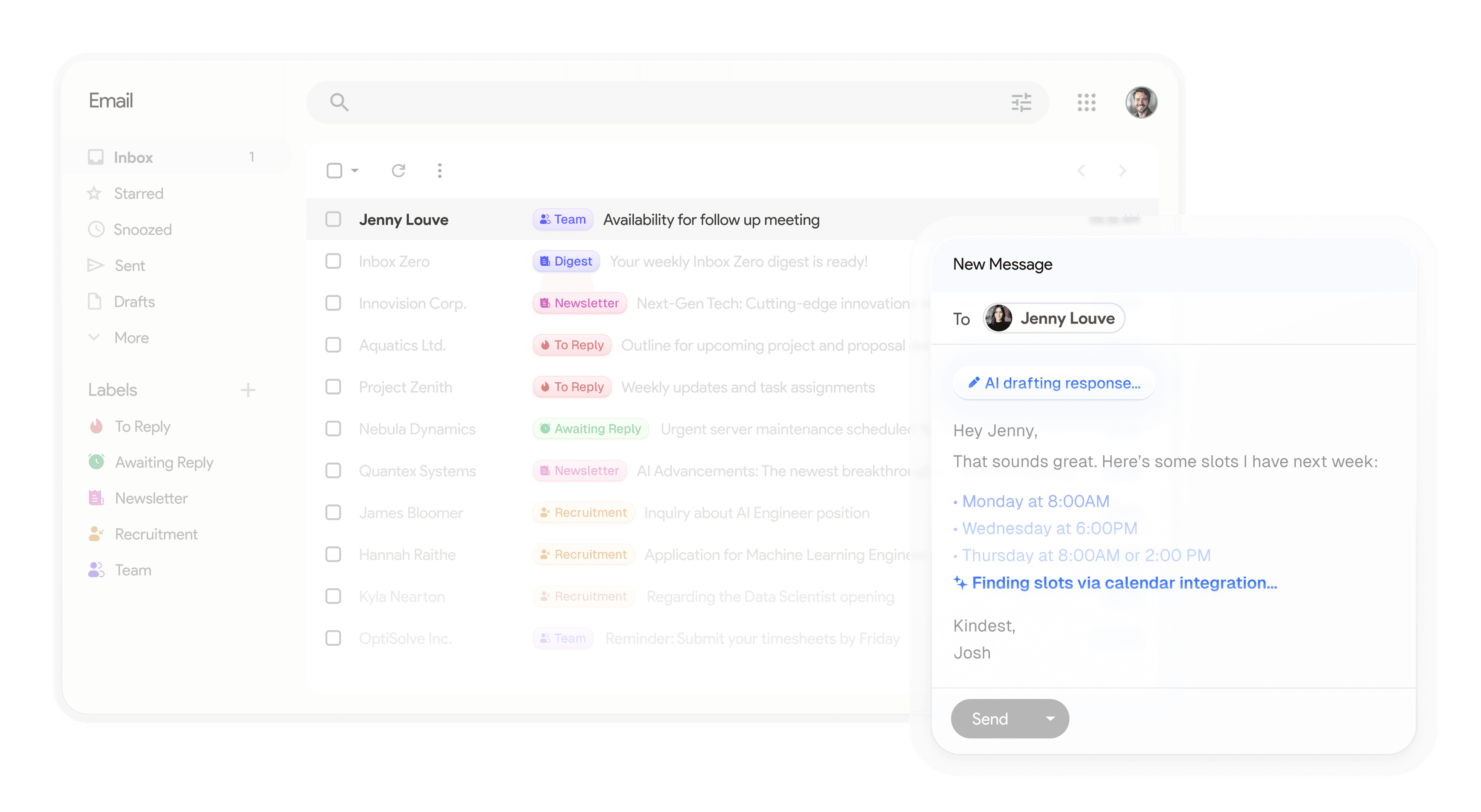 Inbox Zero screenshot showing AI-driven inbox organization and response workflow