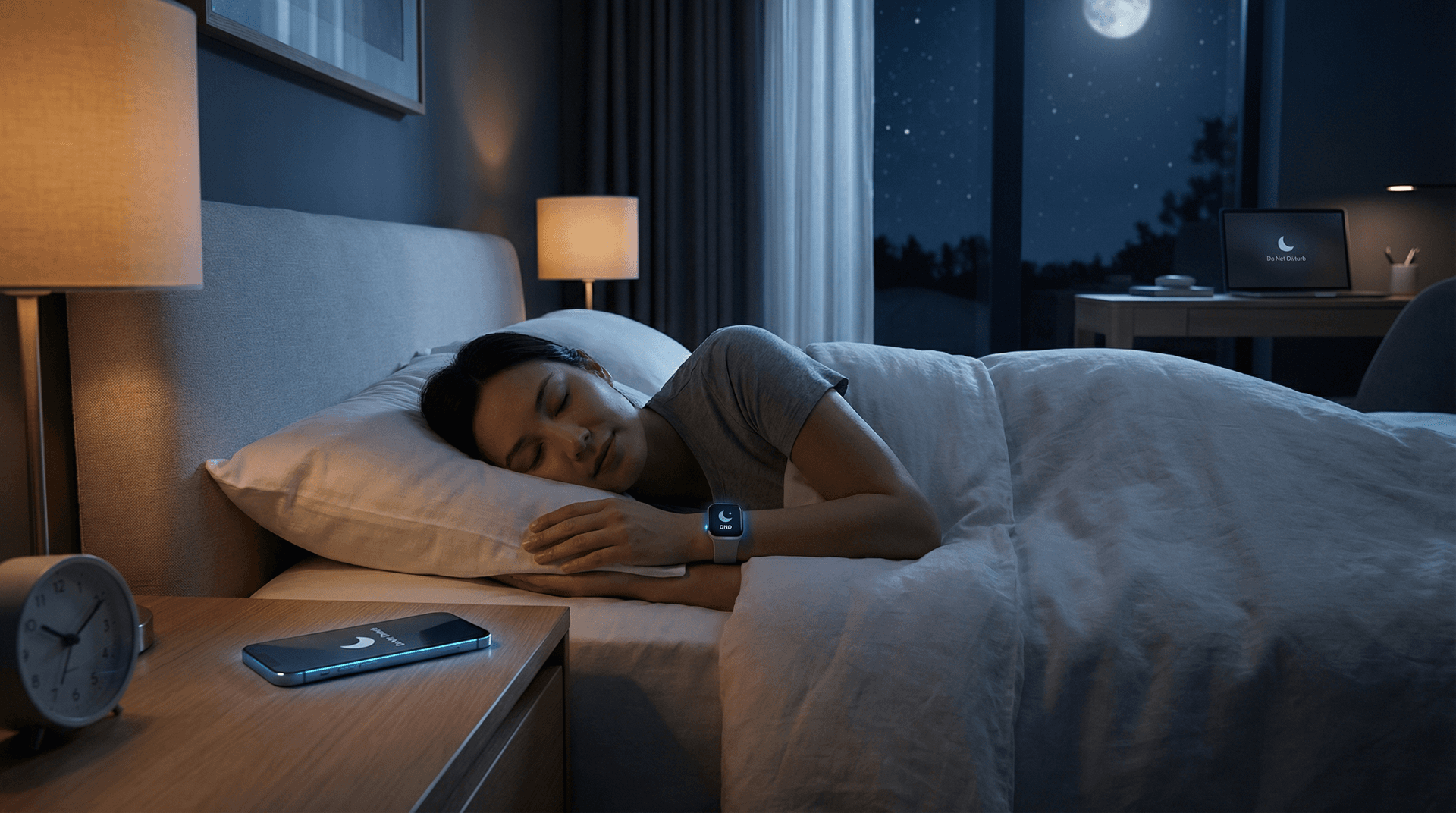 Peaceful sleeping scene with phone, laptop, and smartwatch all showing Do Not Disturb moon icons and badges active