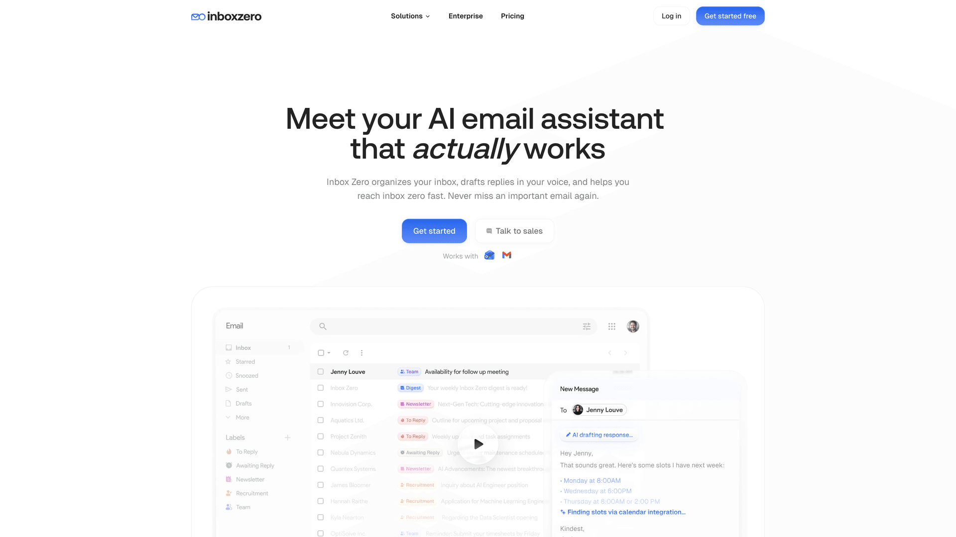 Inbox Zero homepage showing AI email assistant features with draft mode, audit webhook, and compliance-ready labeling system