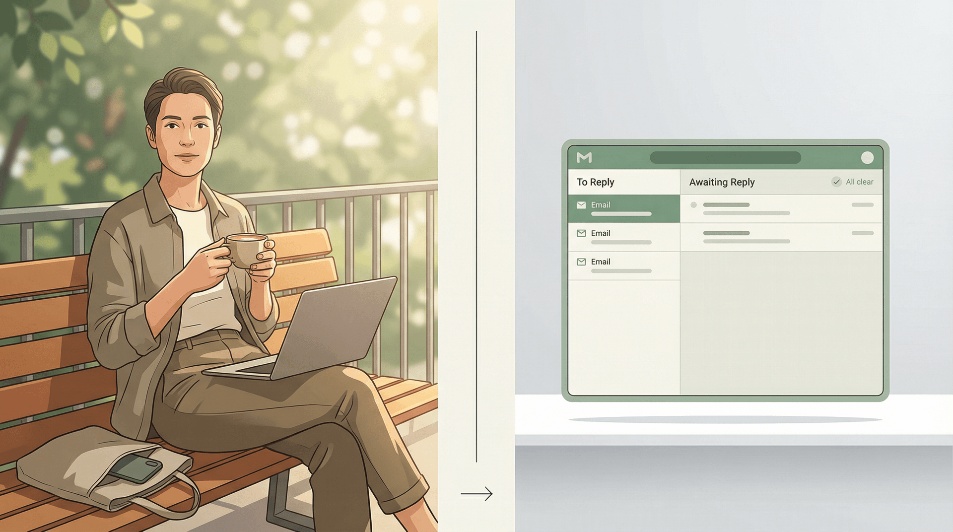 Editorial split scene: professional relaxing offline outdoors on the left, clean organized email inbox on the right