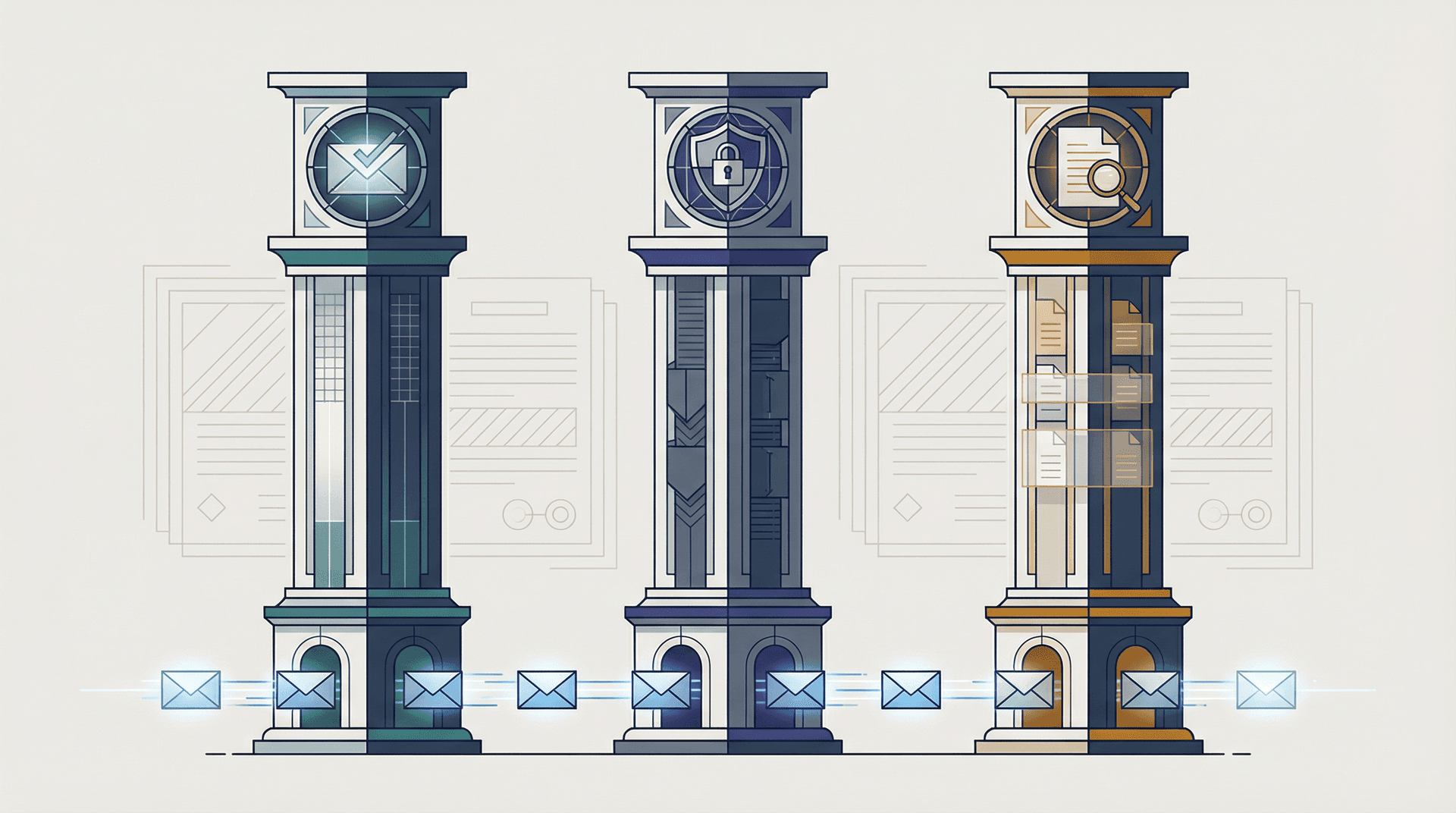 Editorial illustration showing three compliance pillars for email: Permit, Protect, and Prove, representing the three dimensions every regulated organization must address