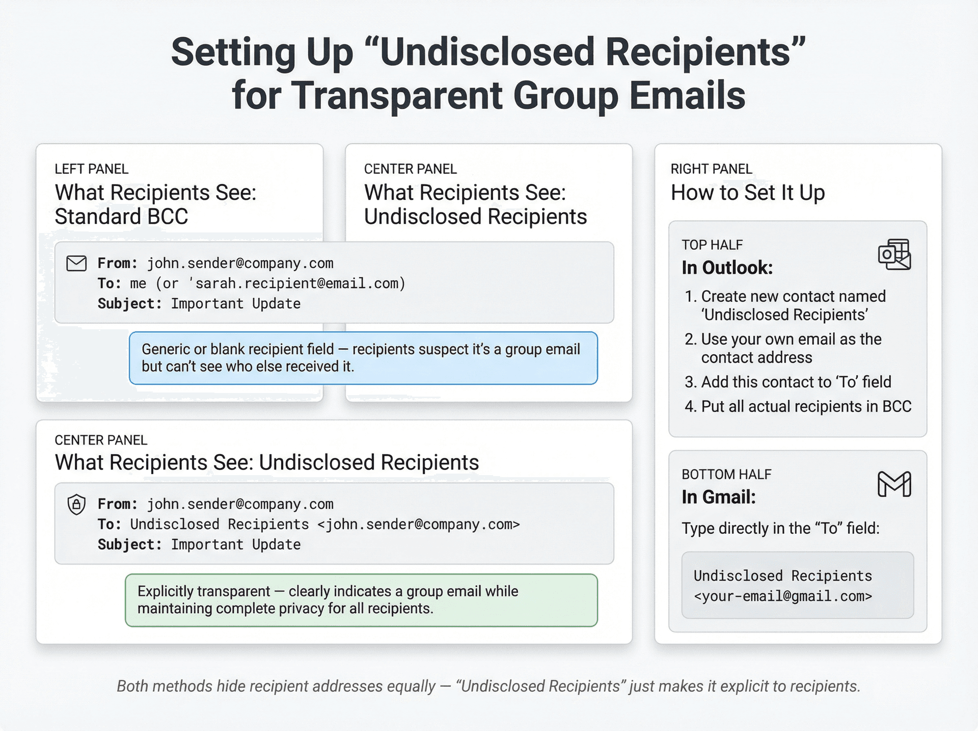 Split-panel infographic showing how recipients see BCC emails versus Undisclosed Recipients, with setup instructions for Outlook and Gmail