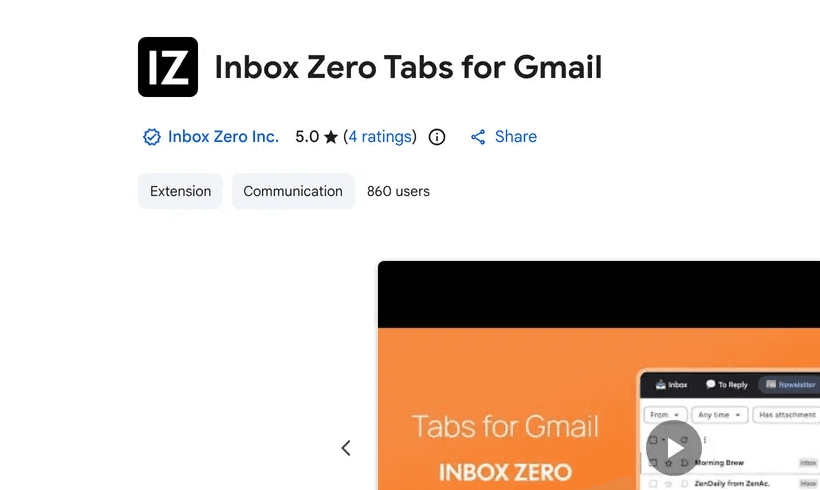 Inbox Zero Tabs for Gmail Chrome extension listing showing ratings, install count, and privacy disclosures