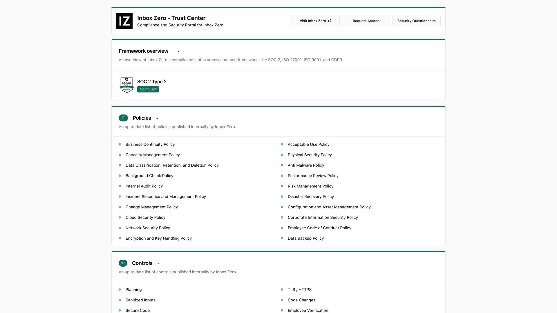 Inbox Zero Security Trust Center showing SOC 2 Type 2 compliance status, published security policies, and controls including TLS, 2FA, and encryption
