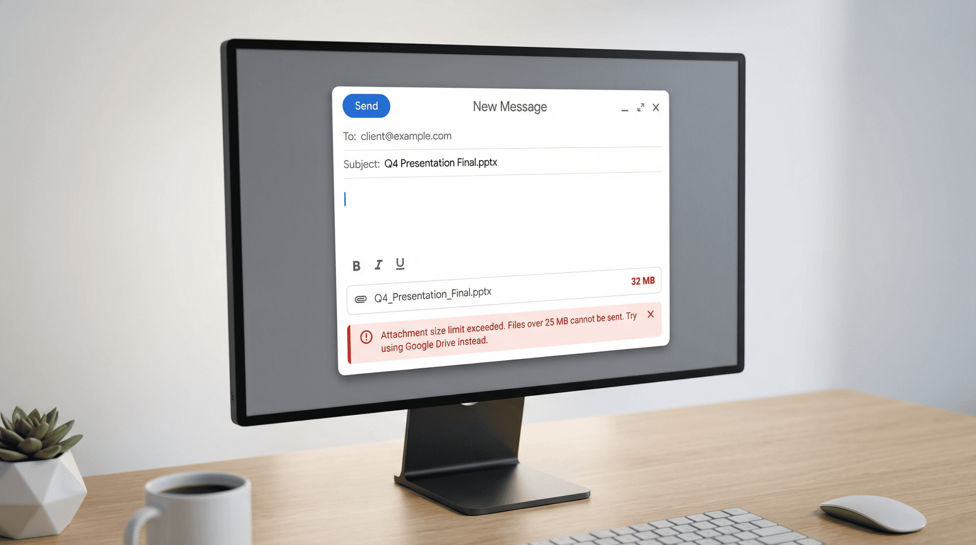 Gmail compose window showing 'Attachment size limit exceeded' error message on a modern desktop workspace