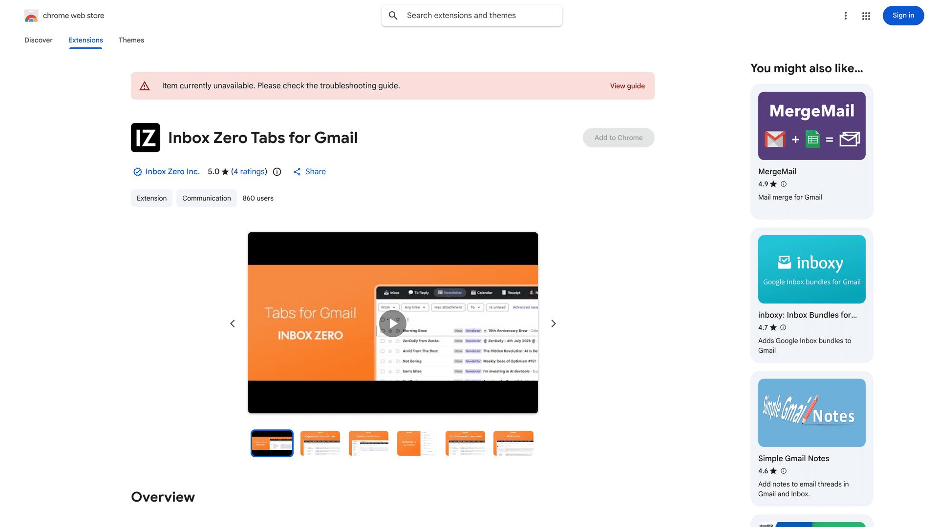 Inbox Zero Tabs Chrome extension page showing split-inbox features for Gmail organization